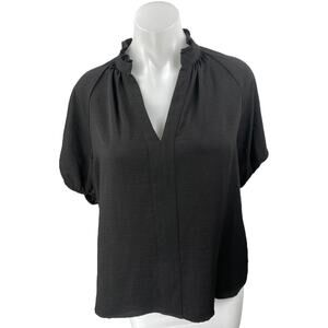 CeCe Women's Black Short Puff Sleeve Ruffle V-Neck Blouse Shirt Top Size M